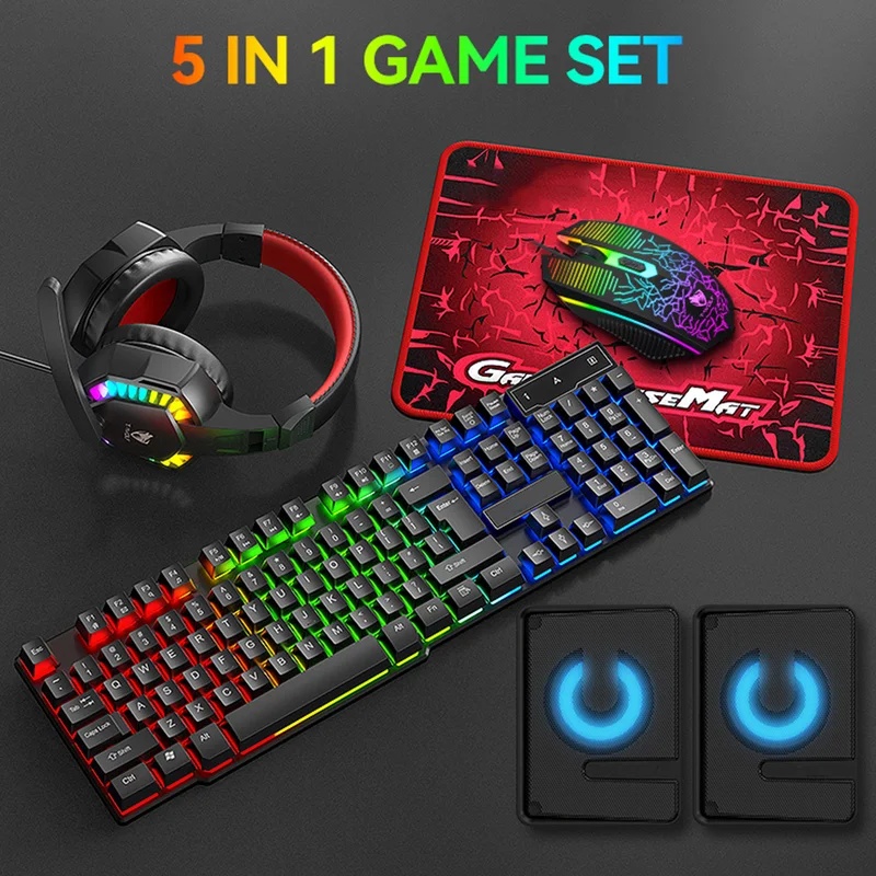 Gaming Keyboard Mouse And Headset Combo - 5-in-1 Set Gaming Combo Keyboard 4-color